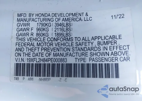 2023 Honda Civic Sport из США, поврежденный, VIN 19XFL2H84PE000883